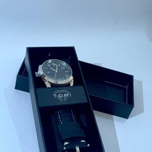TOMI Black Dial Wristwatch – Stainless Steel Case with Black Leather Strap