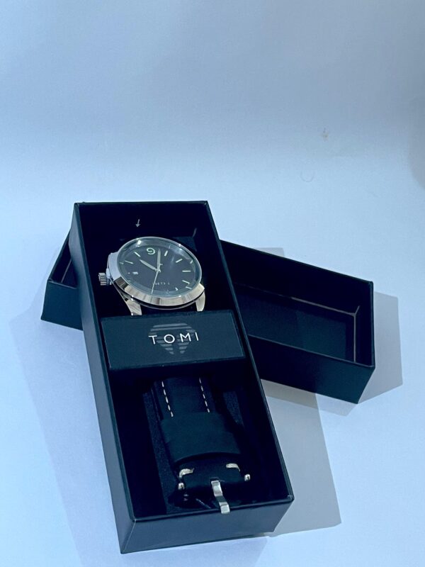 TOMI Black Dial Wristwatch – Stainless Steel Case with Black Leather Strap