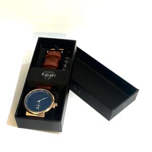 TOMI Blue Dial Classic Wristwatch – Brown Leather Strap