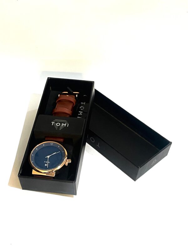 TOMI Blue Dial Classic Wristwatch – Brown Leather Strap