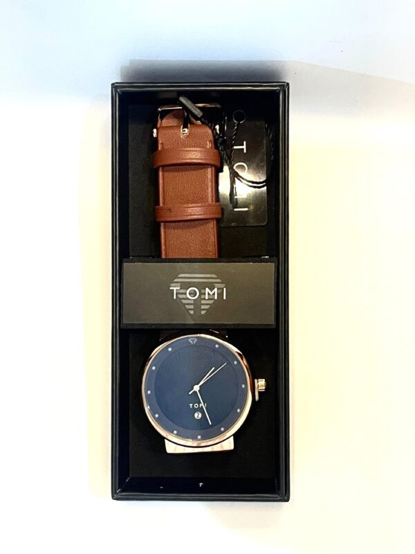 TOMI Blue Dial Classic Wristwatch – Brown Leather Strap - Image 2